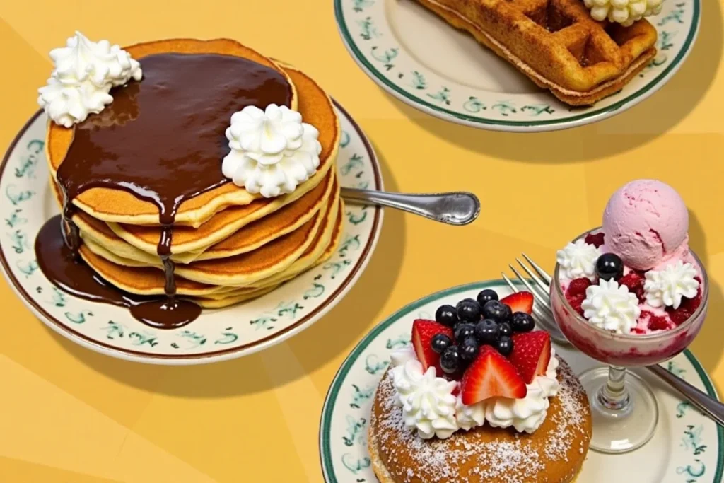 A variety of desserts and breakfast dishes topped , including pancakes, waffles, crepes, and ice cream sundaes.