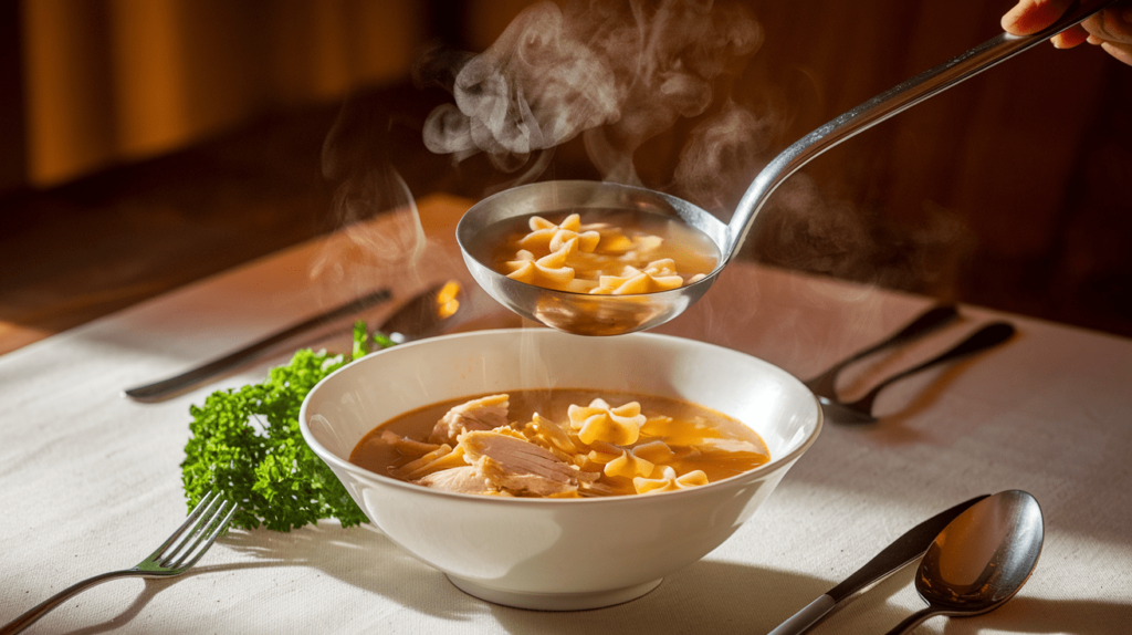 A ladle pouring Italian Penicillin Soup into a white bowl, with steam rising from the broth.