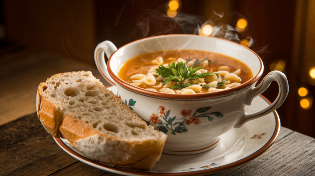 A bowl of steaming pastina soup served with a slice of crusty Italian bread.