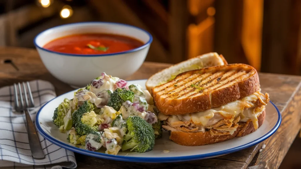 Broccoli salad served alongside a grilled chicken sandwich and a cup of tomato soup.