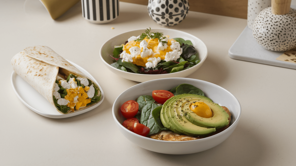 Cottage cheese and eggs served three ways: in a breakfast wrap, on a bed of greens, and in a colorful breakfast bowl with avocado and tomatoes.