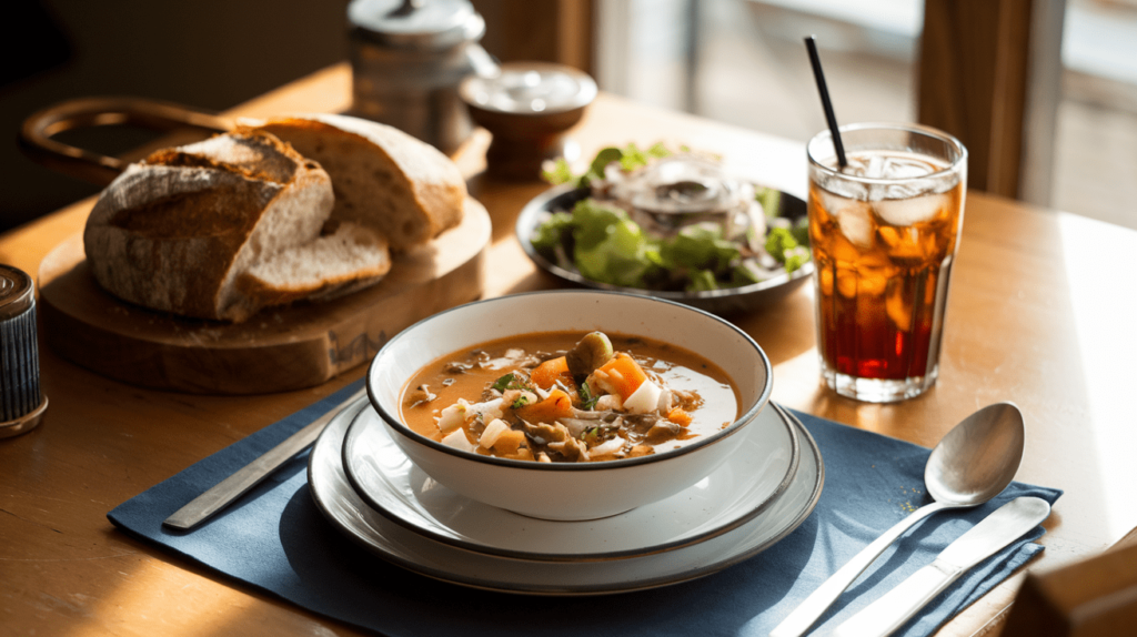 A table setup featuring a bowl of swamp soup paired with crusty sourdough bread, a side salad, and a glass of iced tea.