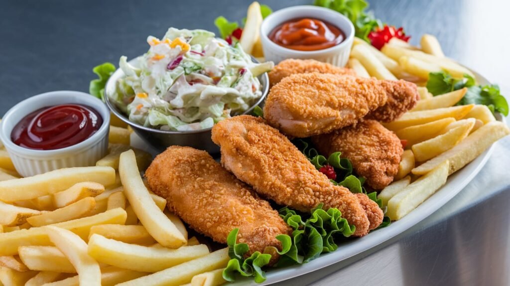 Crispy buttermilk chicken tenders served with coleslaw, fries, and dipping sauces on a platter.