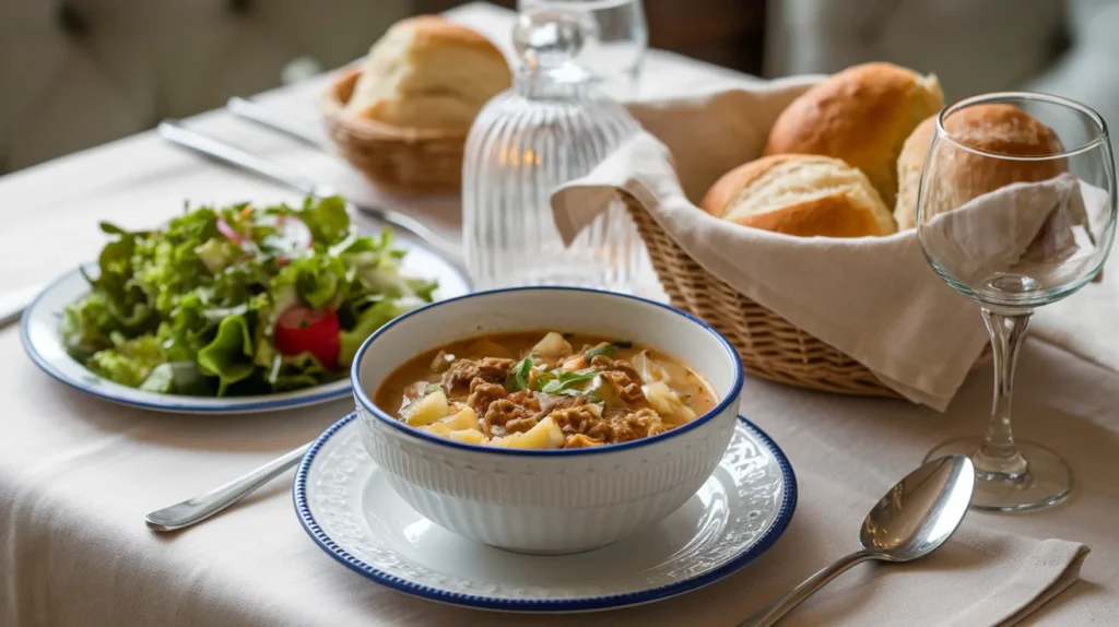 A table setting featuring a bowl of soup, a fresh green salad, and a basket of bread rolls.