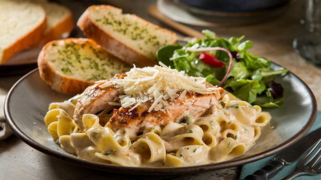 Garlic parmesan chicken pasta served with a side of crispy garlic bread and a fresh green salad.