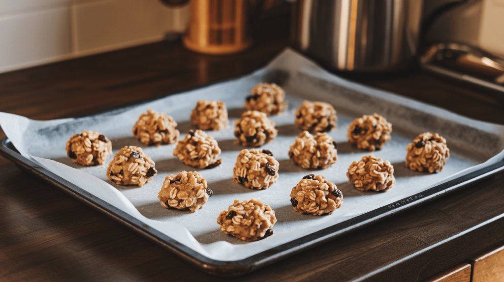 Balls of oatmeal cookie dough evenly spaced on a parchment-lined baking sheet, ready for the oven.