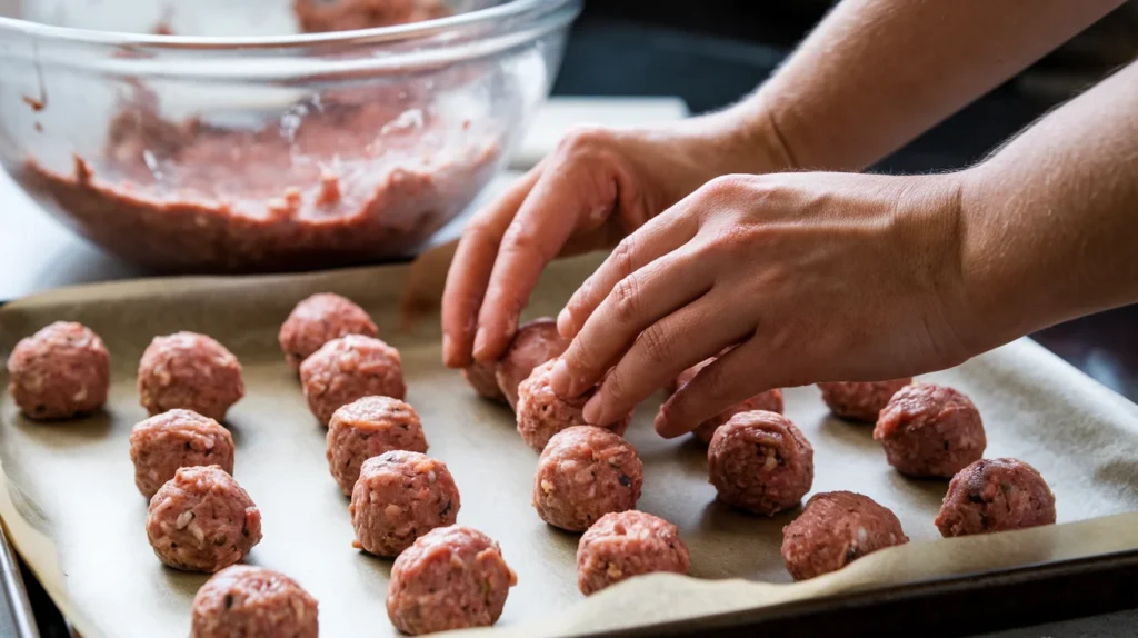 Hands rolling a gluten-free meatball mixture into round balls on a tray lined with parchment paper.