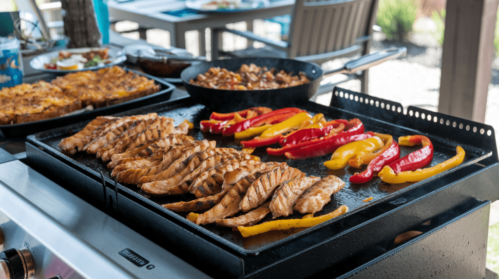 Chicken fajitas cooking on a Blackstone griddle, with vibrant bell peppers and onions sizzling alongside.