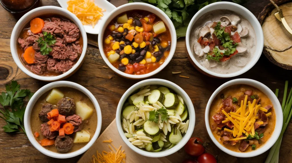 six small bowls showcasing different slow-cooker hamburger soup variations, including classic comfort, Tex-Mex, creamy mushroom, hearty Italian, and loaded potato soup.