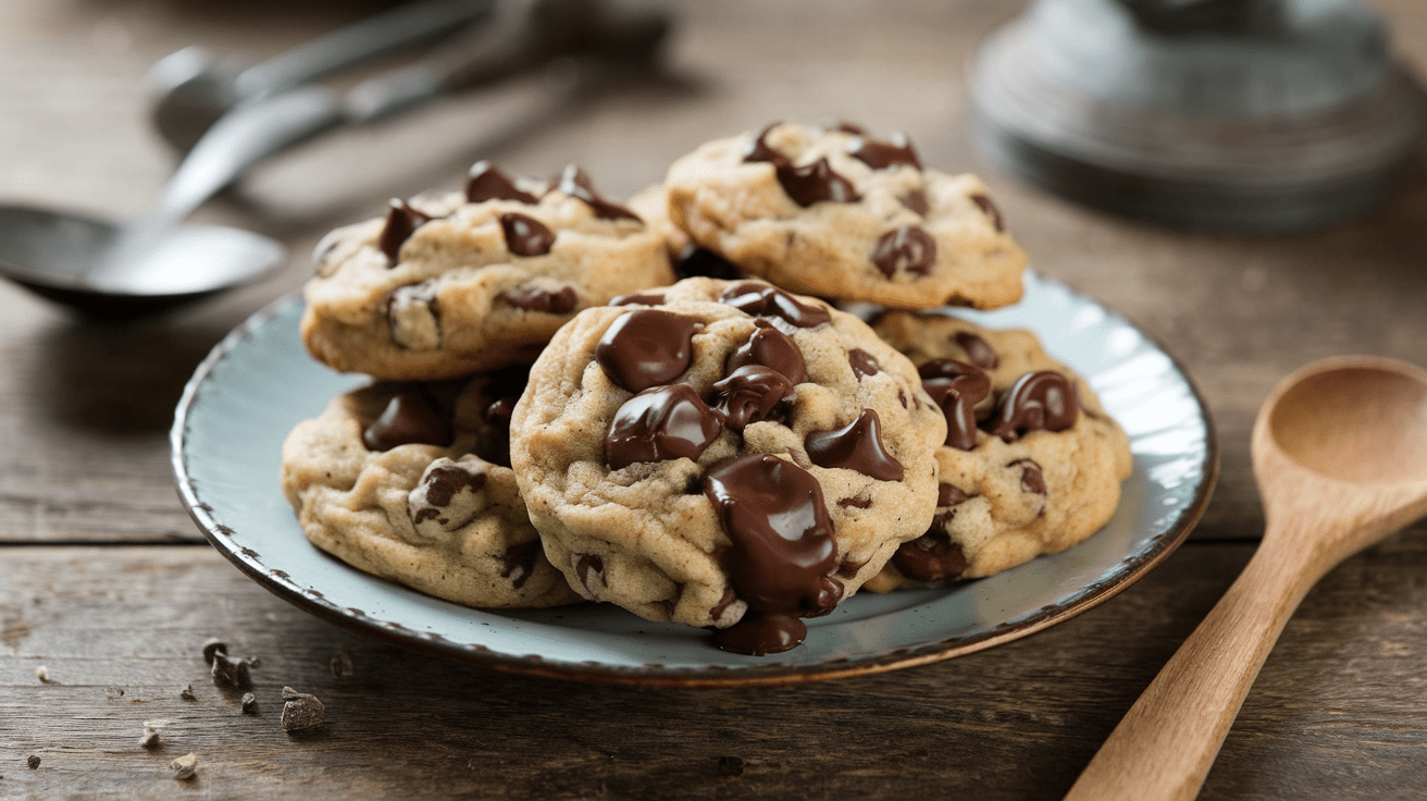 A plate of small batch chocolate chip cookies with melted chocolate, paired with a glass of milk on a rustic wooden table.