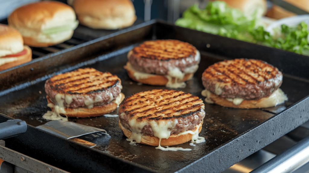 Juicy smash burgers cooking on a Blackstone griddle with caramelized edges.