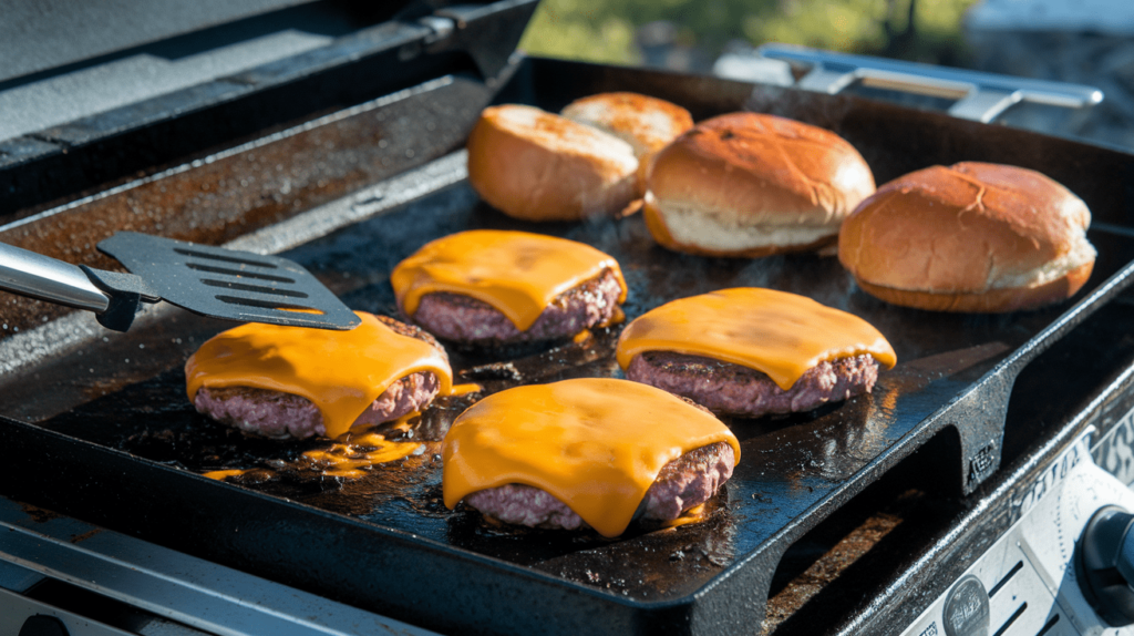 Smash burgers sizzling on a Blackstone griddle with golden buns toasting alongside.