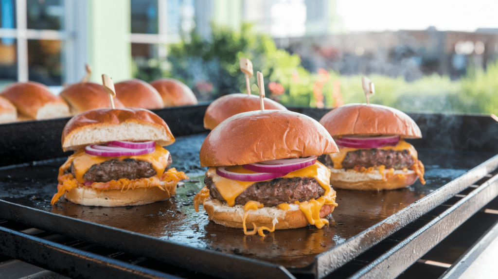 Delicious smash burgers cooking on a Blackstone griddle with melted cheese and caramelized edges.