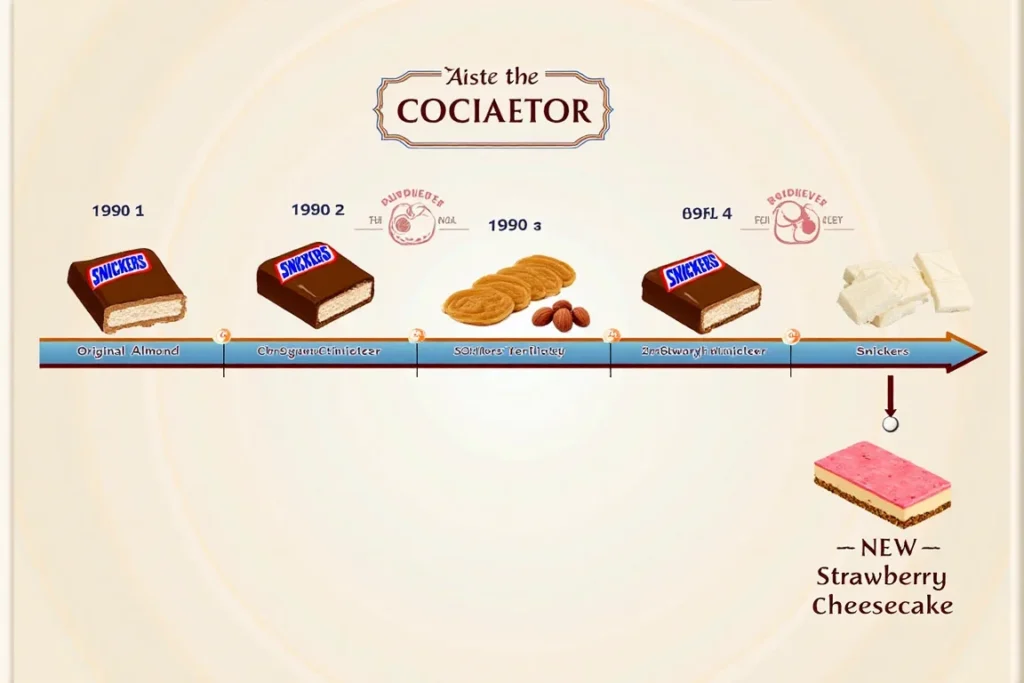 A timeline showing the evolution of Snickers flavors, from the classic bar to limited-edition varieties like Snickers Peanut Butter and Strawberry Cheesecake.