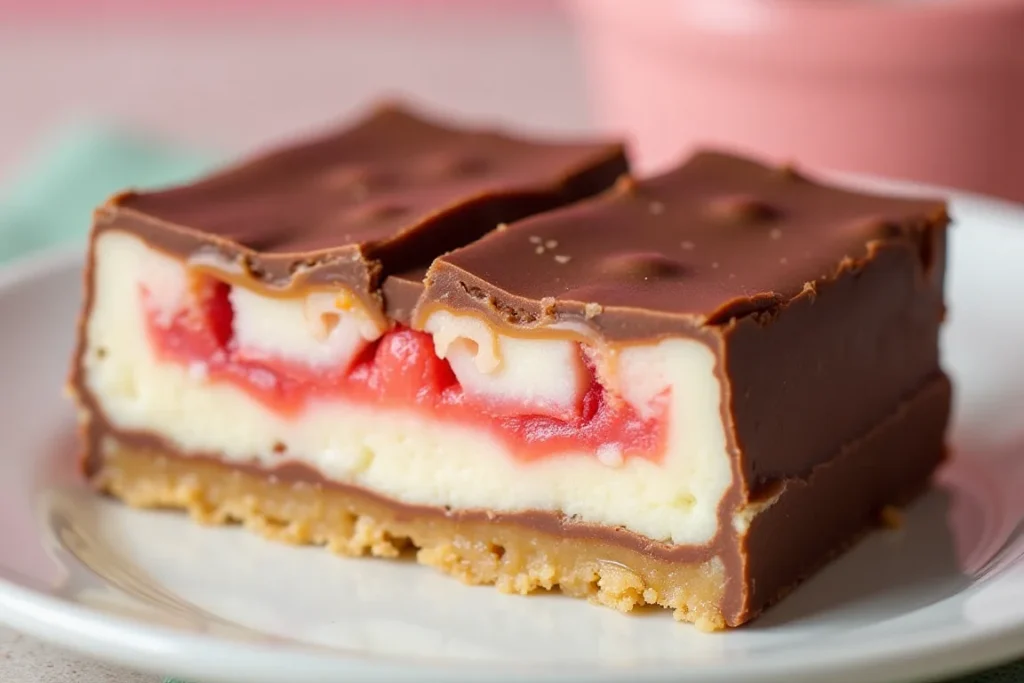 A cross-section of Snickers Strawberry Cheesecake showing creamy cheesecake filling, strawberry layer, caramel, and peanuts.