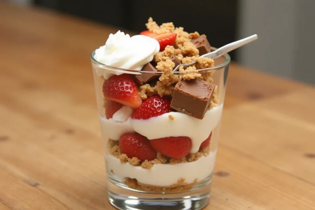 A layered parfait featuring chopped Snickers Strawberry Cheesecake, vanilla yogurt, strawberries, and graham cracker crumbs.