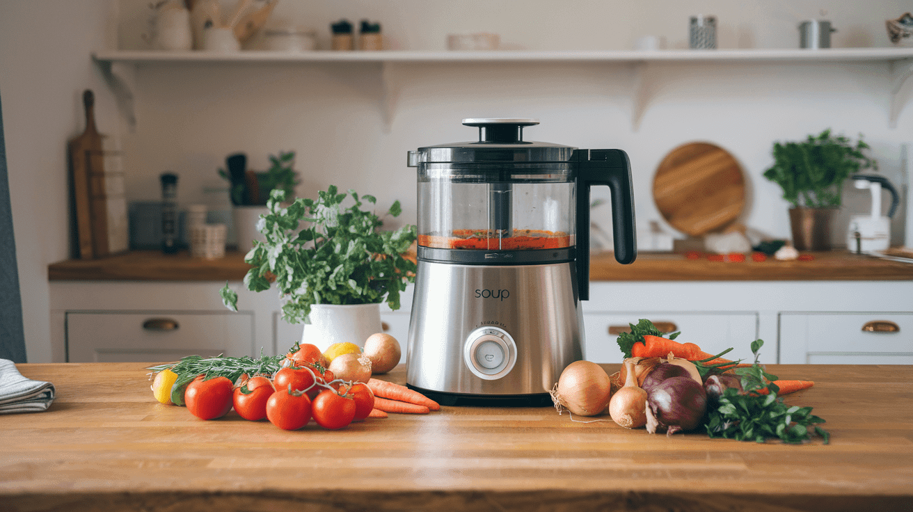 A modern soup maker on a clean kitchen counter with fresh vegetables around it.