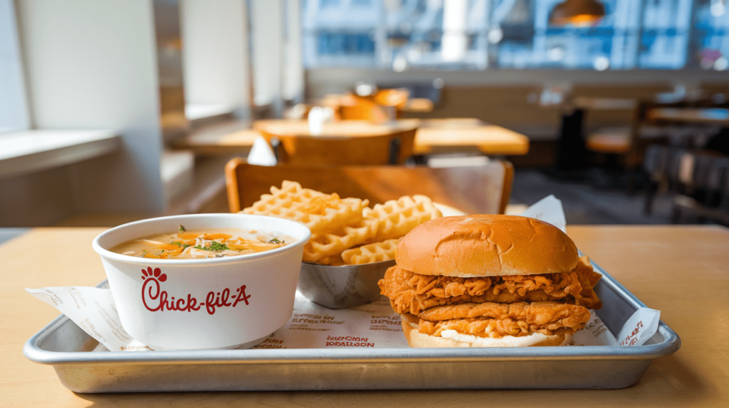 A serving of Chick-fil-A Chicken Noodle Soup paired with the Original Chicken Sandwich and waffle fries on a tray.