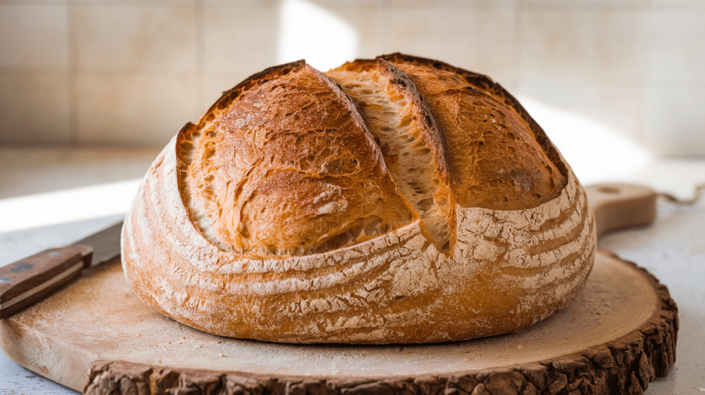 A golden-brown sourdough bread loaf with a rustic artisanal crust, placed on a wooden cutting board.