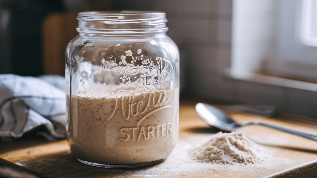 A glass jar filled with active sourdough starter, bubbling and ready to use, next to a spoon and flour.