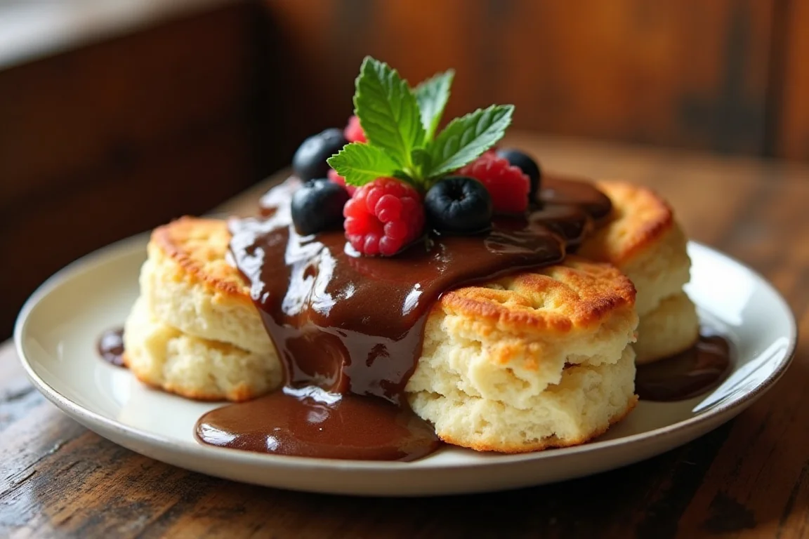 A plate of freshly baked Southern-style biscuits topped with rich, velvety chocolate gravy, served with a side of fresh fruit.