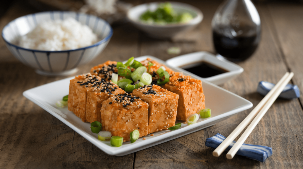 Crispy tofu cubes garnished with sesame seeds and green onions served with rice.