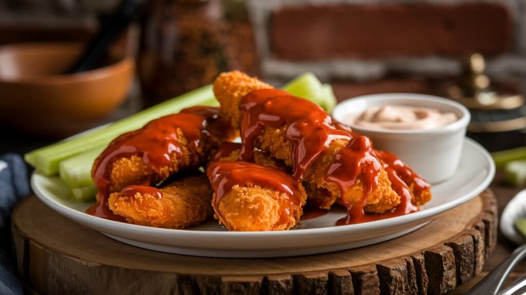 Buttermilk chicken tenders coated in spicy buffalo sauce, served with celery sticks and ranch dressing.