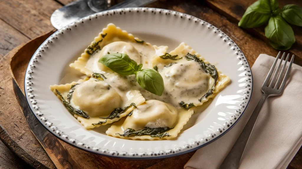 A plate of spinach and cheese ravioli served with creamy Alfredo sauce, garnished with fresh basil.