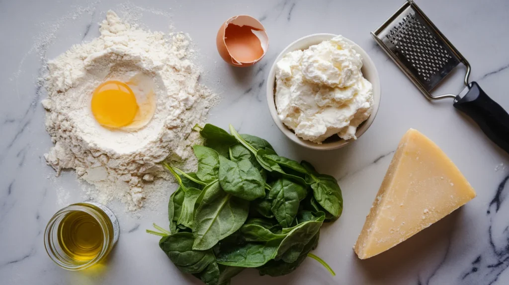 Ingredients for making spinach and cheese ravioli, including flour, eggs, ricotta cheese, spinach, and Parmesan cheese.