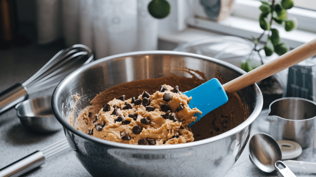 A mixing bowl with cookie dough being folded with a spatula, chocolate chips visible in the soft dough.