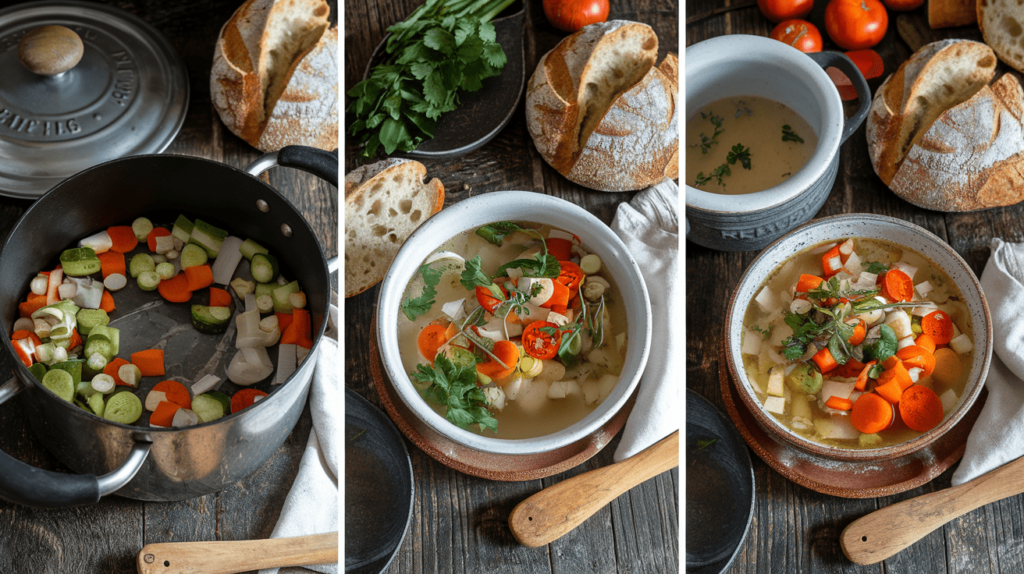 A series of four panels showing the Stone Soup cooking process: sautéing vegetables, adding the stone and broth, simmering ingredients, and serving in rustic bowls.