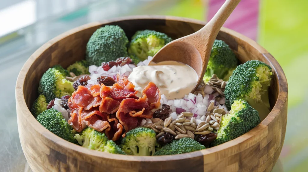 A bowl of broccoli salad ingredients being mixed with creamy dressing using a wooden spoon.