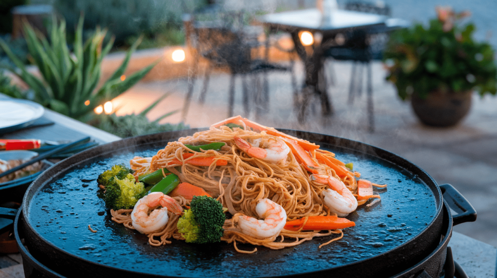 Stir-fried noodles with vegetables and shrimp cooking on a Blackstone griddle.