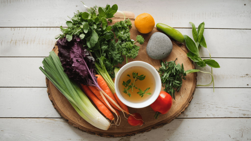 A flat lay of Stone Soup ingredients, including carrots, potatoes, onions, celery, garlic, broth, fresh herbs, and a smooth stone on a wooden board.