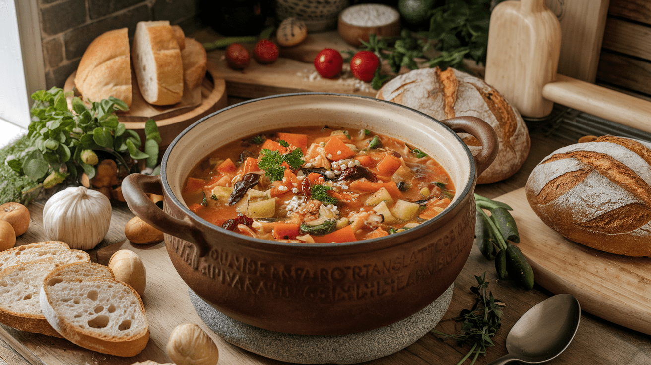 A rustic pot of Stone Soup filled with vibrant vegetables, a clean stone, and a steaming broth, surrounded by fresh bread on a wooden table.