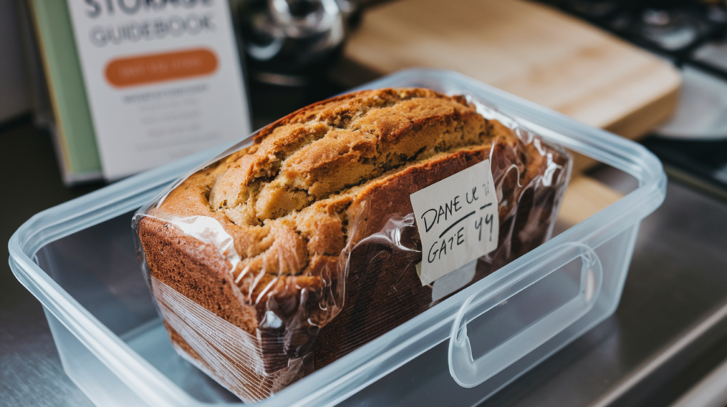 A loaf of banana bread wrapped tightly in plastic wrap, placed in an airtight container.