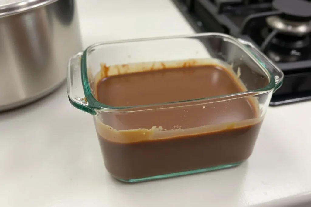 A glass container filled with leftover , sealed and placed next to a stovetop for reheating instructions