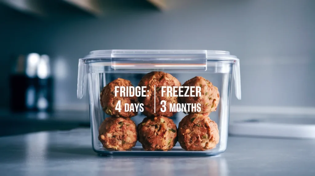 Cooked gluten-free meatballs stored in an airtight container with labels for fridge and freezer.