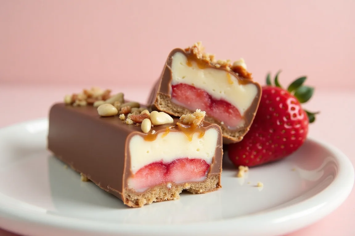 A candy bar inspired by strawberry cheesecake, with layers of pink strawberry filling, creamy cheesecake, caramel, and crunchy nuts coated in milk chocolate.