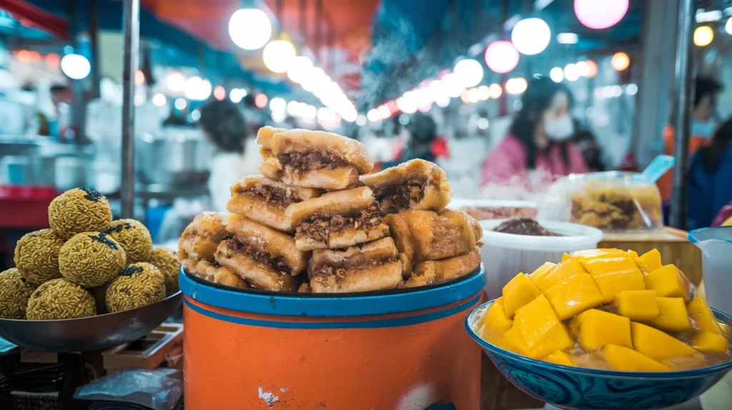 A bustling street food market stall offering desserts like hotteok, mango sticky rice, and sesame balls.