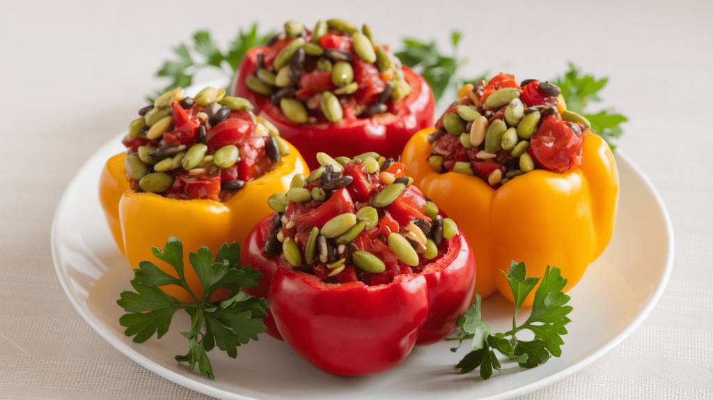 Colorful stuffed bell peppers filled with raw vegetable and seed mixture, garnished with parsley.