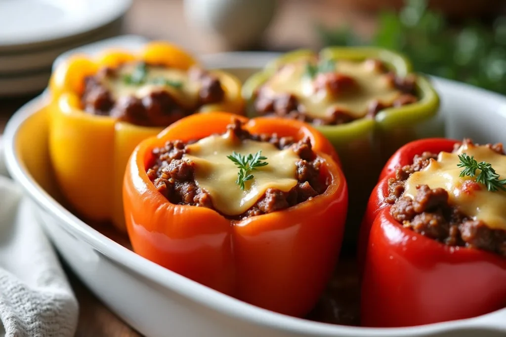 Brightly colored bell peppers stuffed with beef stew and baked until tender.