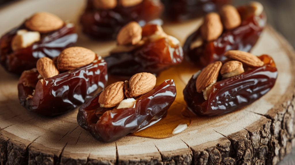 Fresh Medjool dates stuffed with almonds and drizzled with honey.