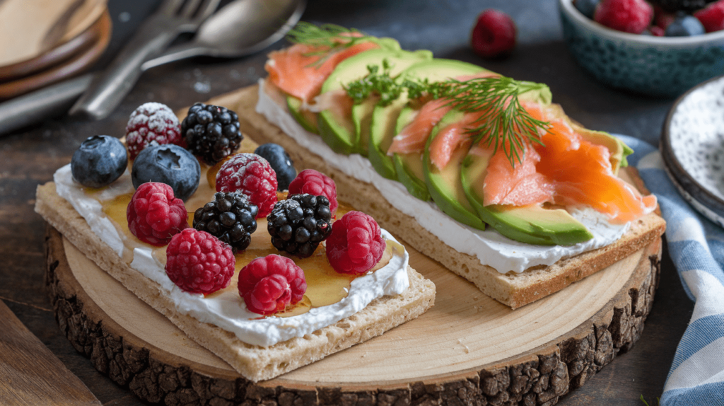 Two cottage cheese flatbreads: one topped with berries and honey, and the other with avocado and smoked salmon.