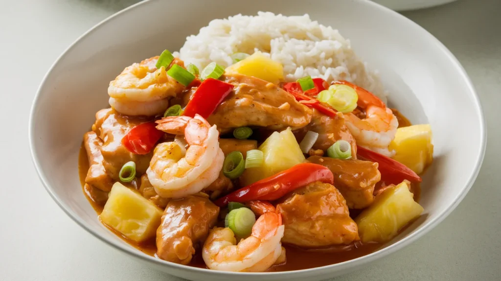 A sweet and sour chicken and shrimp dish with pineapple chunks and bell peppers