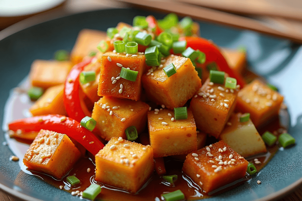 A plate of fried tofu cubes with small bowls of peanut sauce, kecap manis, and sambal arranged beside it.