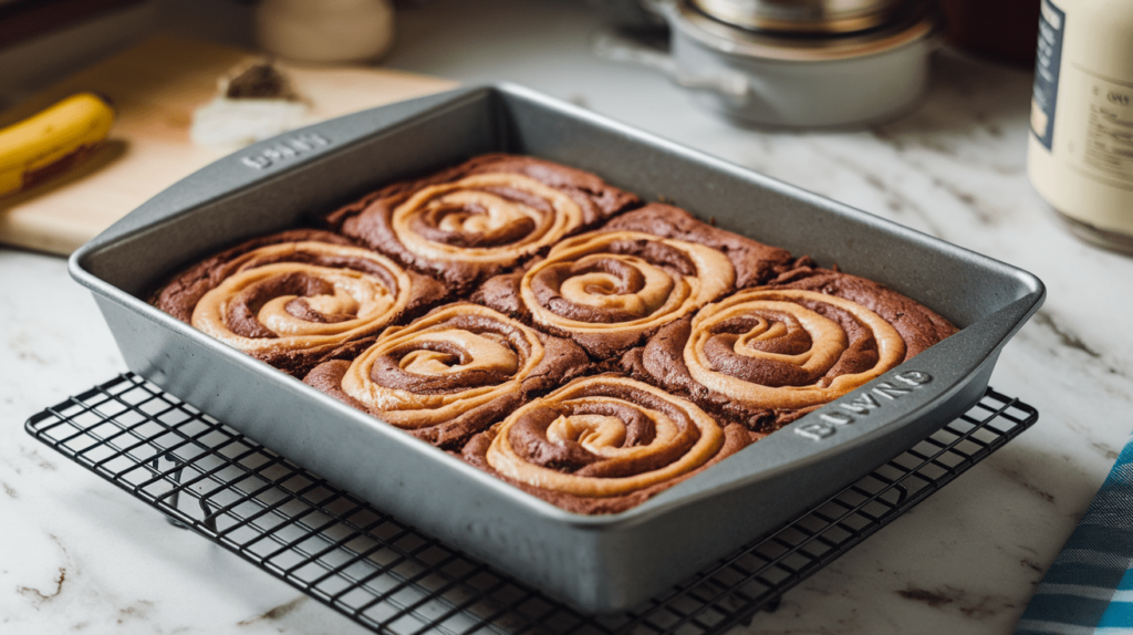 Banana bread brownies with peanut butter swirls, freshly baked in a pan.