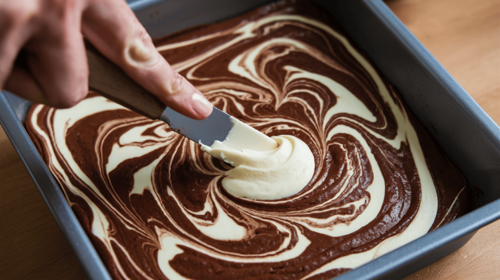 A baker using a knife to swirl cream cheese into brownie batter, creating a marbled design in a baking pan.