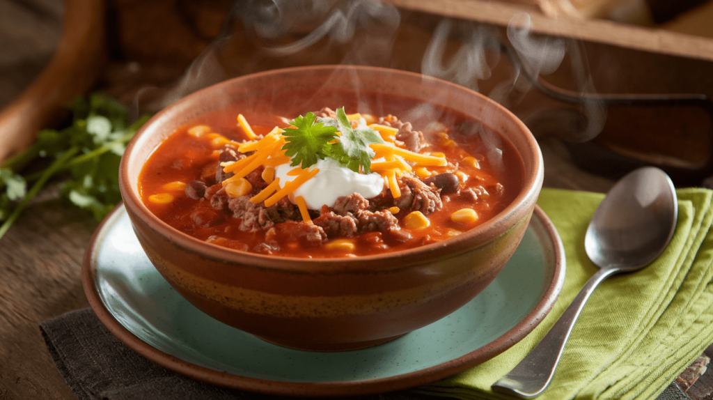 A steaming bowl of 5-ingredient taco soup topped with shredded cheese, sour cream, and fresh cilantro.