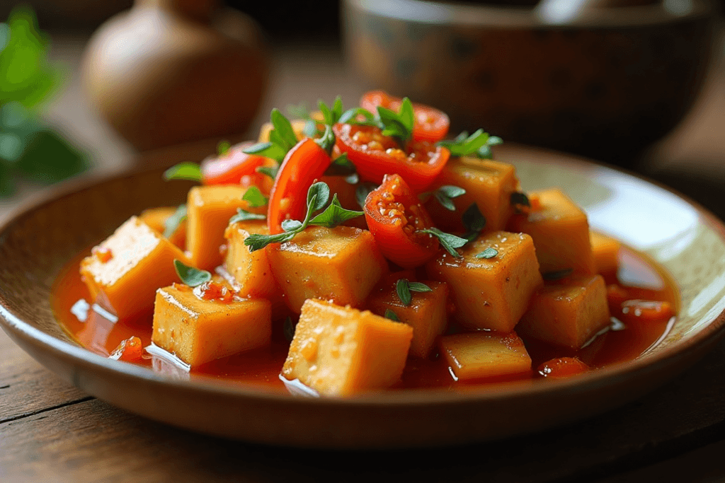 A plate of tahu gejrot featuring crispy tofu pieces drenched in a tangy tamarind sauce with sliced chilies and shallots.